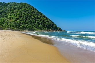 Deserted beach with preserved forests in Guaruja on the north coast of the state of Sao Paulo