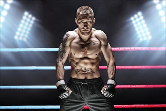Mixed martial artist posing in the ring against spotlights. Concept of mma