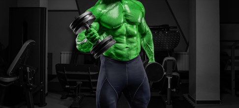 Powerful bodybuilder with green skin training in the gym with dumbbells. No name portrait.