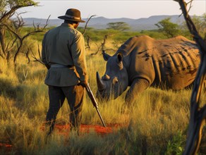 A man in hat with a rifle watching a rhinoceros in the savannah near trees