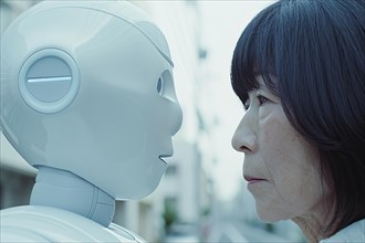 Elderly Asian woman sceptically encounters a white robot controlled by artificial intelligence