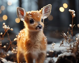 Cute fawn in forest during snowfall
