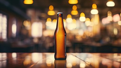 Bottle of beer on wooden table in pub with bokeh background AI generated