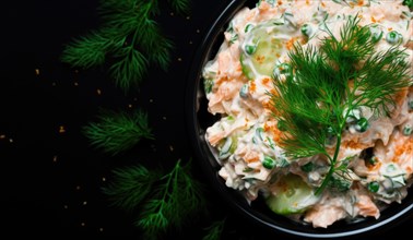 Boiled potatoes in white sauce. Traditional potato salad decorated with dill. Close-up view AI generated