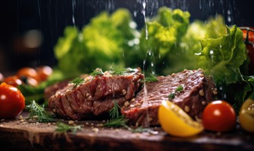 Beef steak with fresh vegetables on a wooden background. Selective focus AI generated