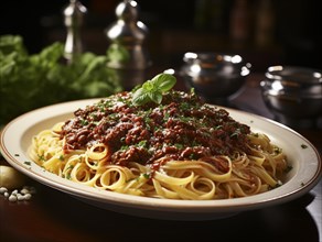 Appetitlich angerichteter Teller Spaghetti Bolognese auf einem festlich gedeckten Tisch bei gedimmtem Licht
