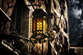 Old-fashioned lantern on the wall of a house. Mystical concept.