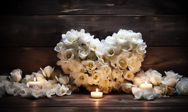 White flowers in a heart shape with candles offer a romantic ambiance on wood AI generated