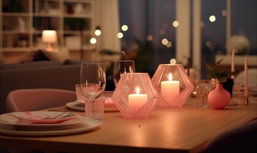 Softly lit dining setting featuring wine glasses and geometric candle holders AI generated