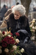Woman sitting sadly at gravestone