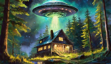 Unidentified Aerial Phenomena UAP as a mysterious alien spaceship above and an old wooden house in the fir forest at night. Anomalous UFO sci-fi surreal painting. AI generated art