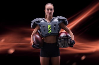 Portrait of a sportive girl in the uniform of an American football team player. Sports concept. Futuristic background.