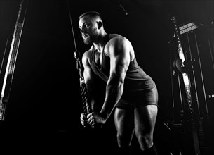 The athlete performs an exercise on the triceps on a special device. Side view