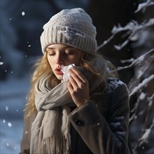 Young female in winter clothes blowing her nose