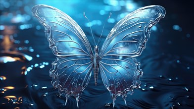 Stylized glass butterfly with glowing wings on a dark background