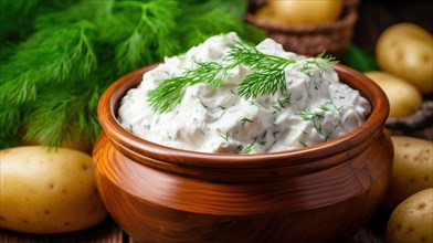 Curd with dill in a bowl on a wooden background AI generated