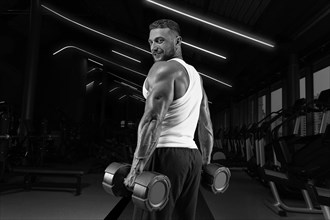 Handsome young man working out with dumbbells in the gym. Shoulder pumping. Fitness and bodybuilding concept.