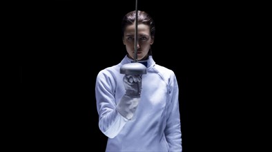 Charming girl in a fencer costume posing on a black background. The sword divides the face into two parts. The concept of fencing.