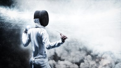 Portrait of a fencer against the backdrop of a sports arena. Smoke and sparks