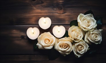 Simple heart-shaped arrangement of white roses and nearby candles AI generated