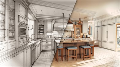 Concept design drawing to a finished renovation of a residential kitchen interior. generative AI