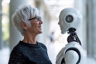 Elderly woman having fun with a white care robot controlled by artificial intelligence