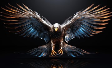 Black crow with golden wings on a dark background AI generated