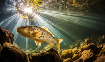 Rainbow trout swimming underwater in the ocean. Underwater photography AI generated