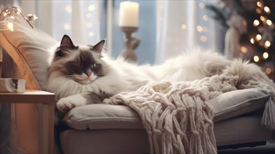 Cute cat sleeping on sofa in living room at christmas time AI generated