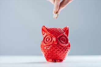 Female hand puts a coin in a piggy bank in the shape of an owl. Thrift concept.