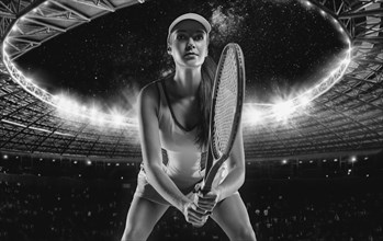 Portrait of a tennis player in a dress on the background of the sports arena.
