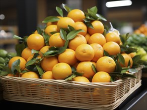 Bright and plump oranges in a basket at a market stall