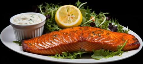 Grilled salmon with arugula salad and tartar sauce on black background AI generated