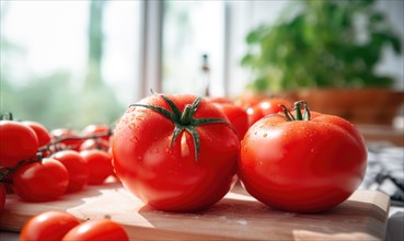 Tomatoes on a cutting board on a window background. Vegetables in the kitchen AI generated