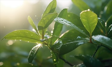 Bright sunlight on green leaves with glistening water droplets AI generated