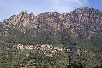 View of the Corsican village of Ota on the Pinzu mountain range