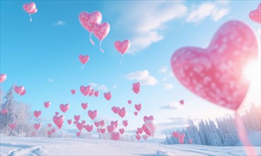 Snowy landscape with pink heart-shaped balloons rising into the sky AI generated