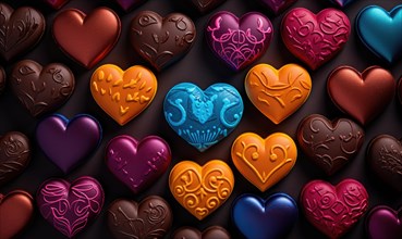 Varied heart-shaped chocolates create a kaleidoscope of colors and designs AI generated