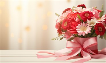 Festive flower bouquet with red and white blooms wrapped in a pink bow AI generated