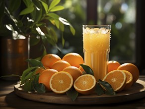 A refreshing glass of orange juice with ice and fresh oranges