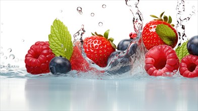Fresh berries falling into water with splash