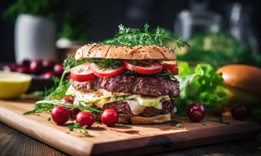 Delicious hamburger with fresh vegetables and greens on wooden cutting board AI generated