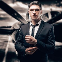 Portrait of a man in a business suit. He stands at the airport amid a sports plane. Aircraft Designer. Private airlines.
