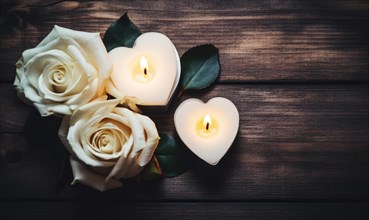 Heart-shaped roses with glowing candles on wood convey romance and intimacy AI generated