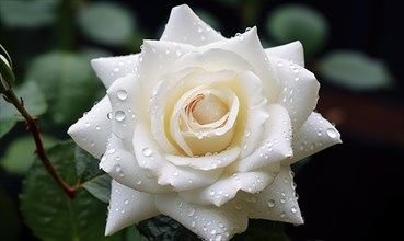 Close-up of a white rose with water droplets on petals AI generated