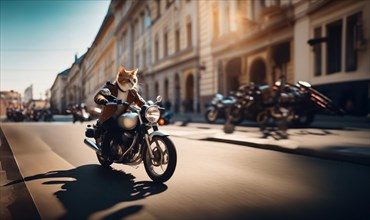 Cat biker rides a motorcycle in a sunny city