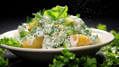 Potato salad with cream and dill on a black background AI generated
