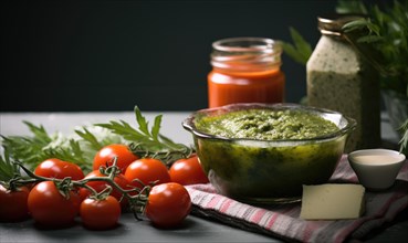 Homemade pesto sauce with fresh tomatoes and parsley on dark background AI generated