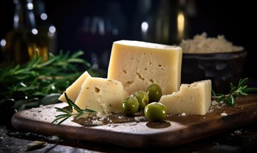 Cheese with olives and rosemary on a wooden board AI generated