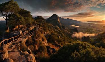 A panoramic view of a mountain landscape at sunrise with a visible hiking trail and lush vegetation AI generated